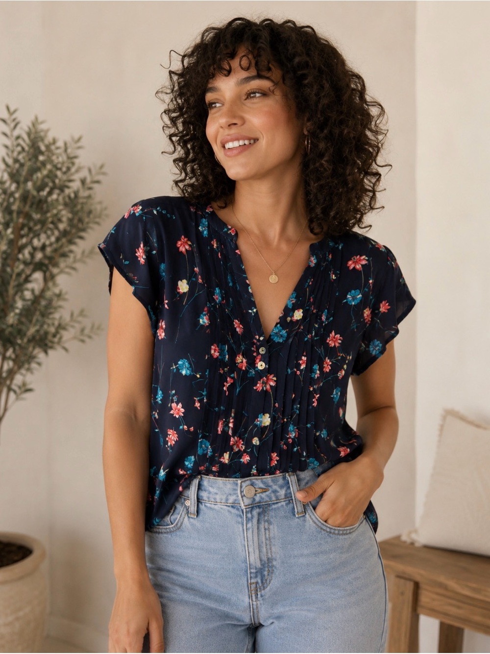 Daniel Rainn Navy Floral Pintuck V-Neck Blouse